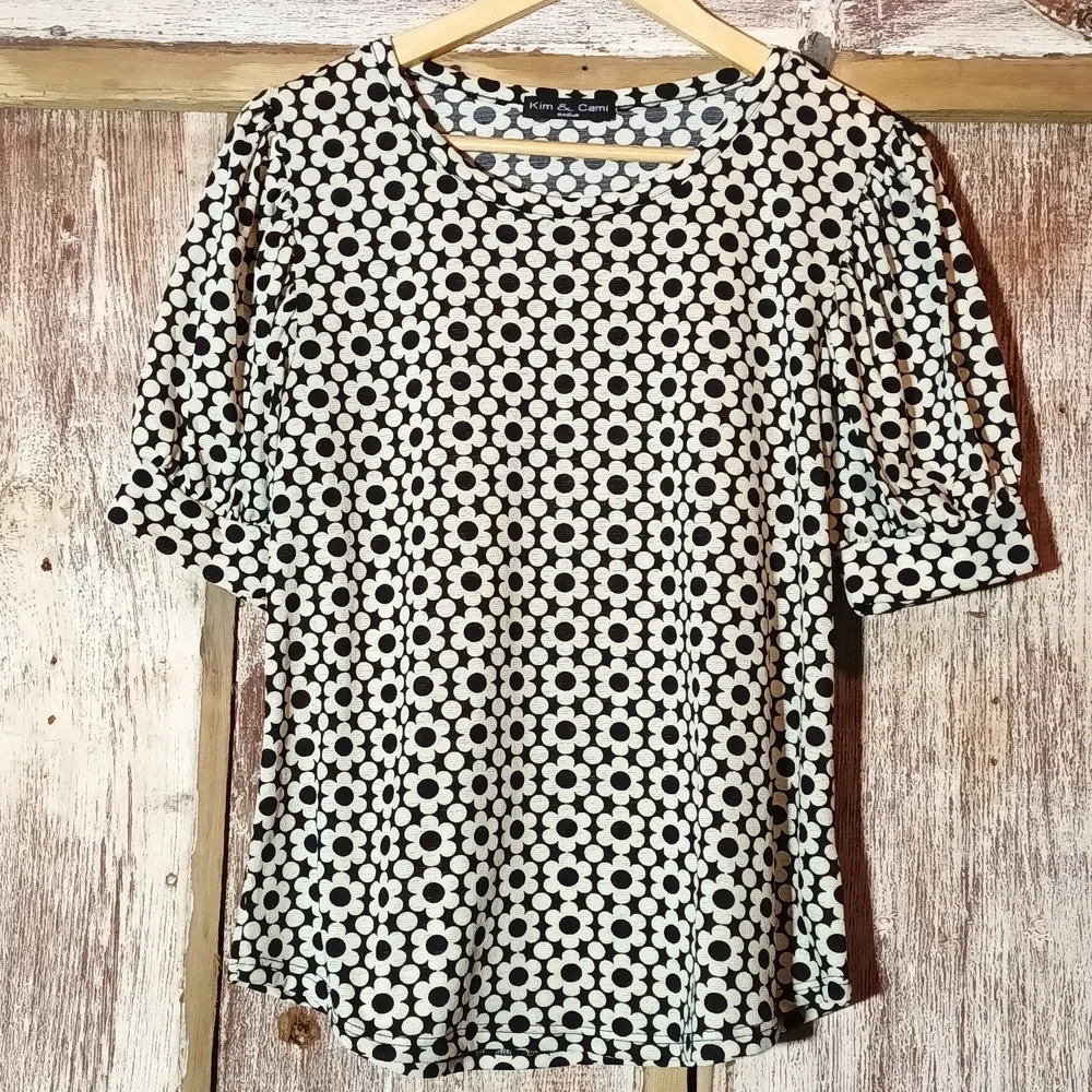 Ditzy flower prairie style puff sleeves crew neck tan black medium - Picture 5 of 12